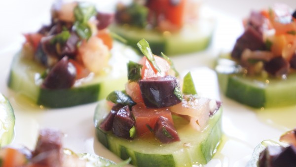 Olive and Tomato Salsa on Cucumber Coins