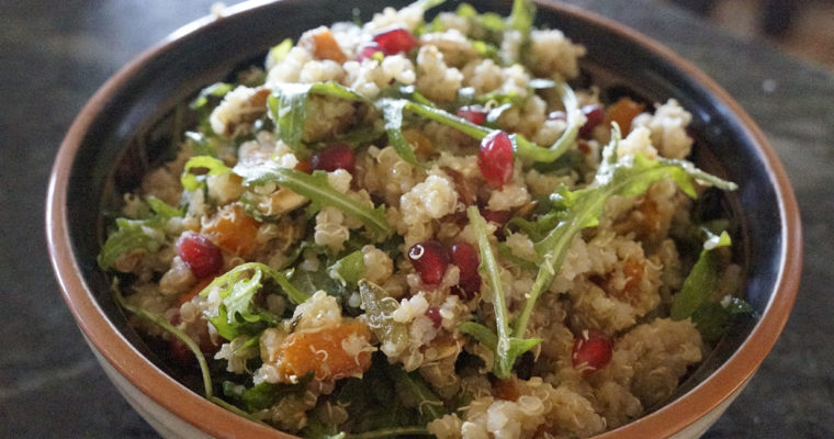 Quinoa and Arugula Salad with Butternut Squash, Pomegranate Seeds and Pepitas