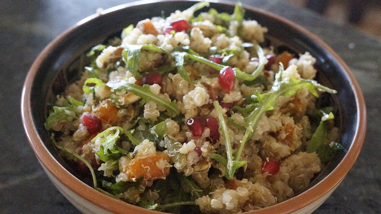 Quinoa and Arugula Salad with Butternut Squash, Pomegranate Seeds and Pepitas