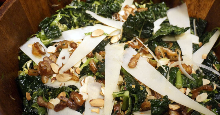 Kale and Brussels Sprouts Salad with Dates, Parmesan and Almonds